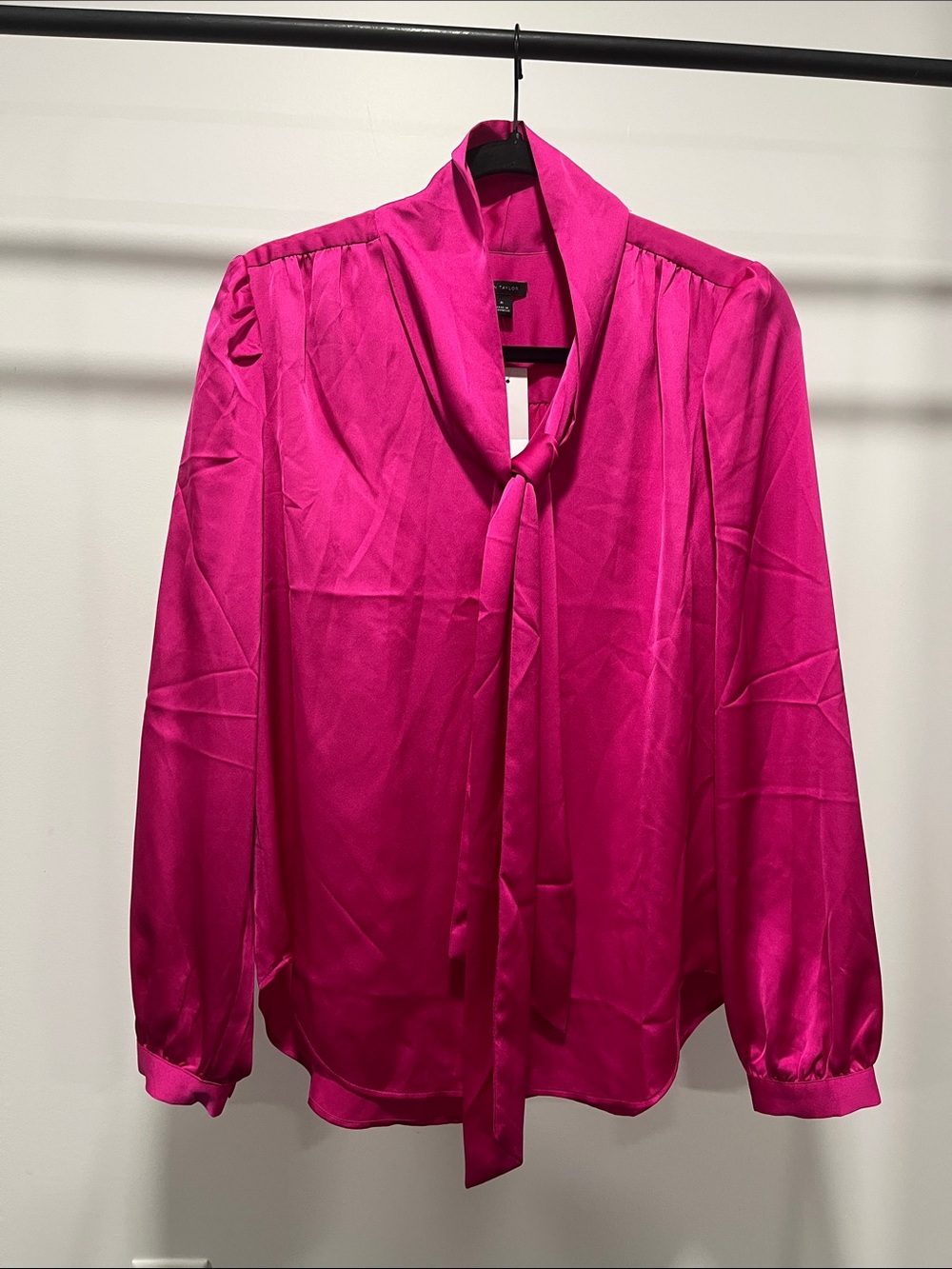 Ann Taylor Fuchsia Tie-Neck Satin Blouse
